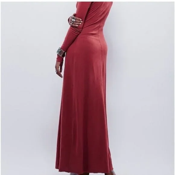Free People Burgundy Lace Up Long Sleeve Jersey Maxi Dress - Picture 2 of 16